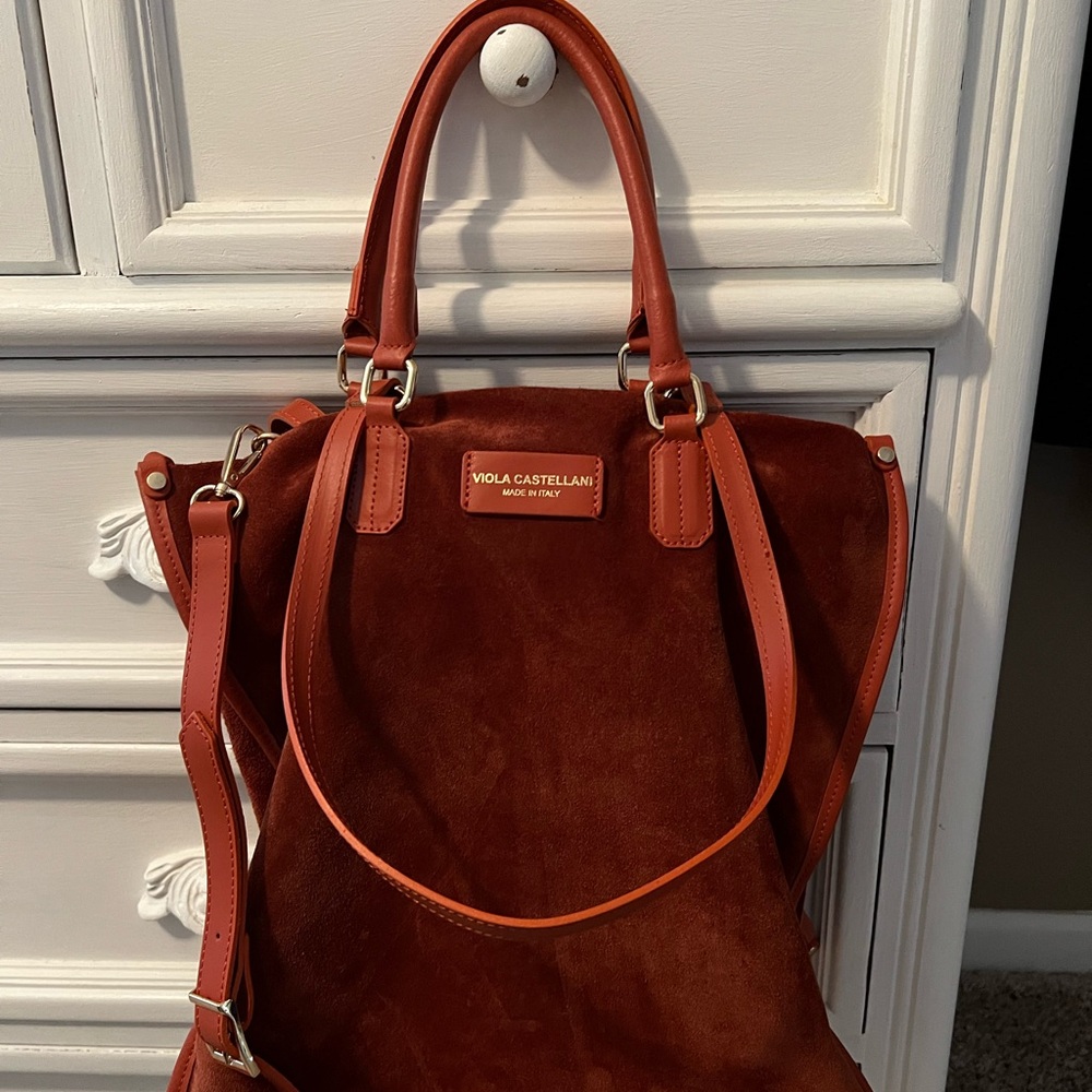 Suede Viola Castellani dual compartment handbag made in Italy.